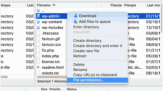WP admin file permissions 