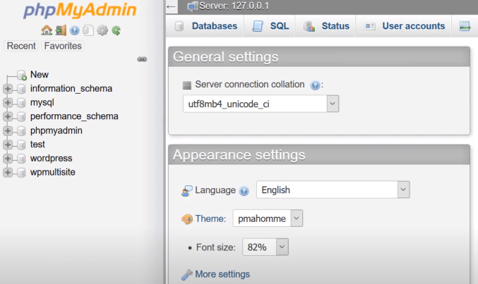 phpMyAdmin dashboard