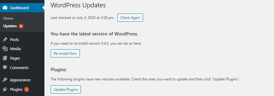 WordPress updates tab