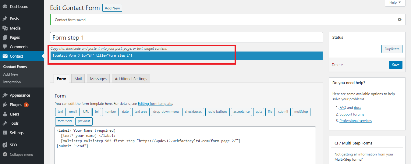 Form step shortcode