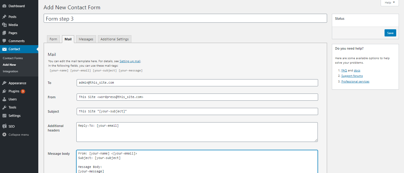 Mail configuration tab