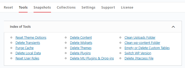 WP Reset different reset options