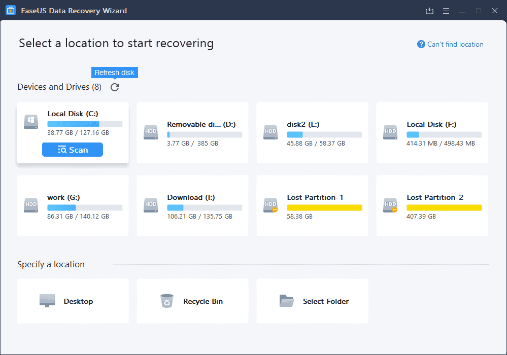 EaseUS data recovery wizard locations