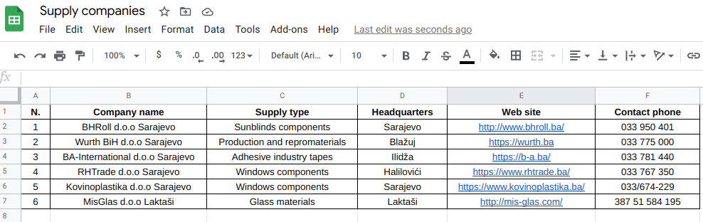 Google Sheets supply companies table