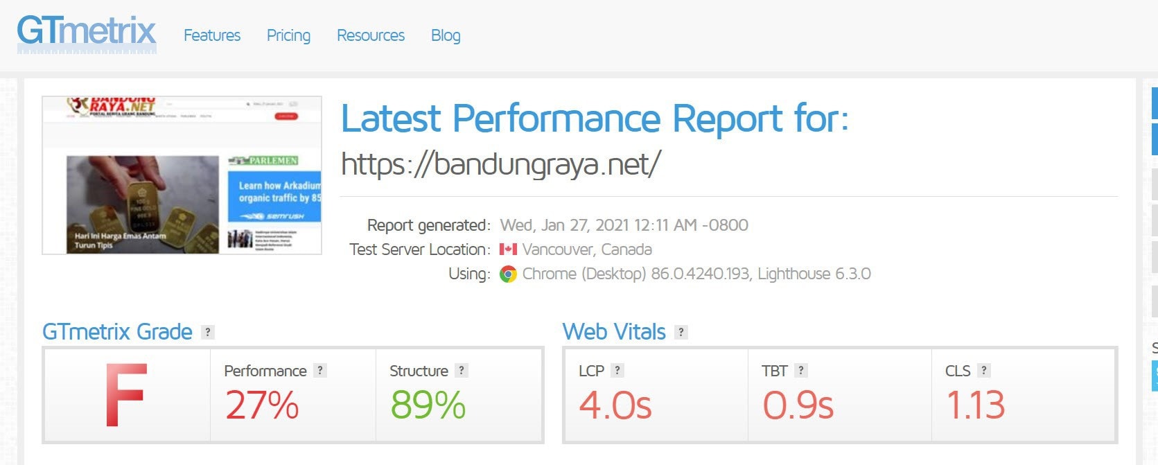 bandungraya.net GTmetrix score