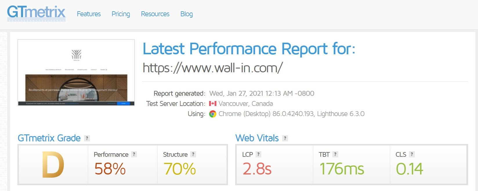wall-in.com GTmetrix score