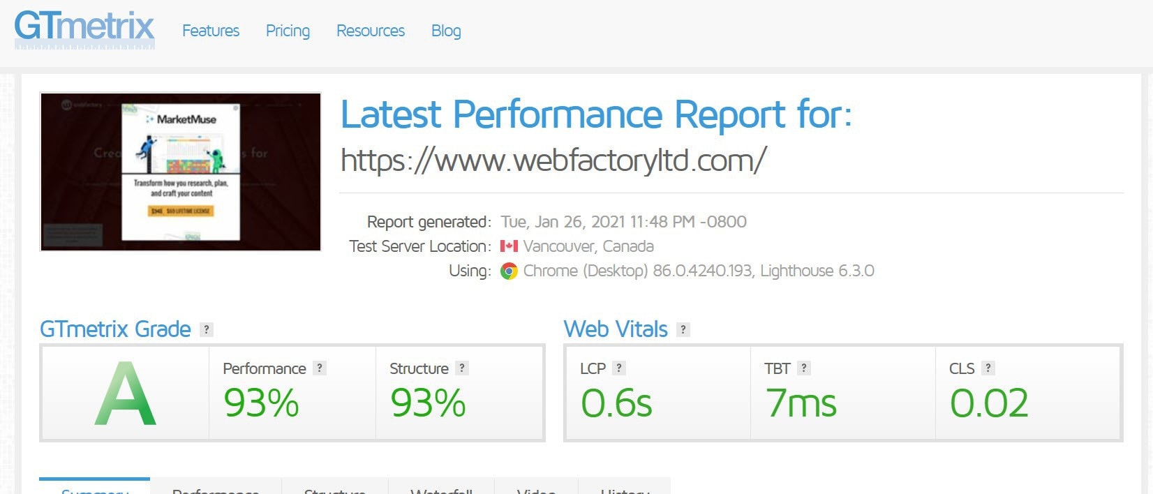 WebFactory site GTmetrix report