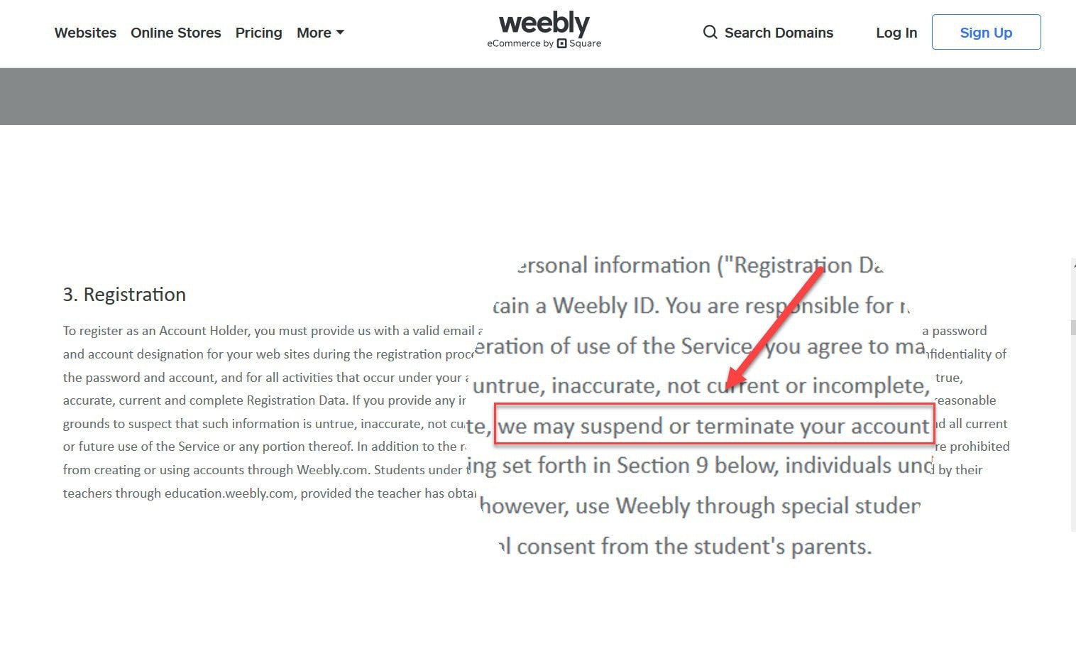 Weebly registration information