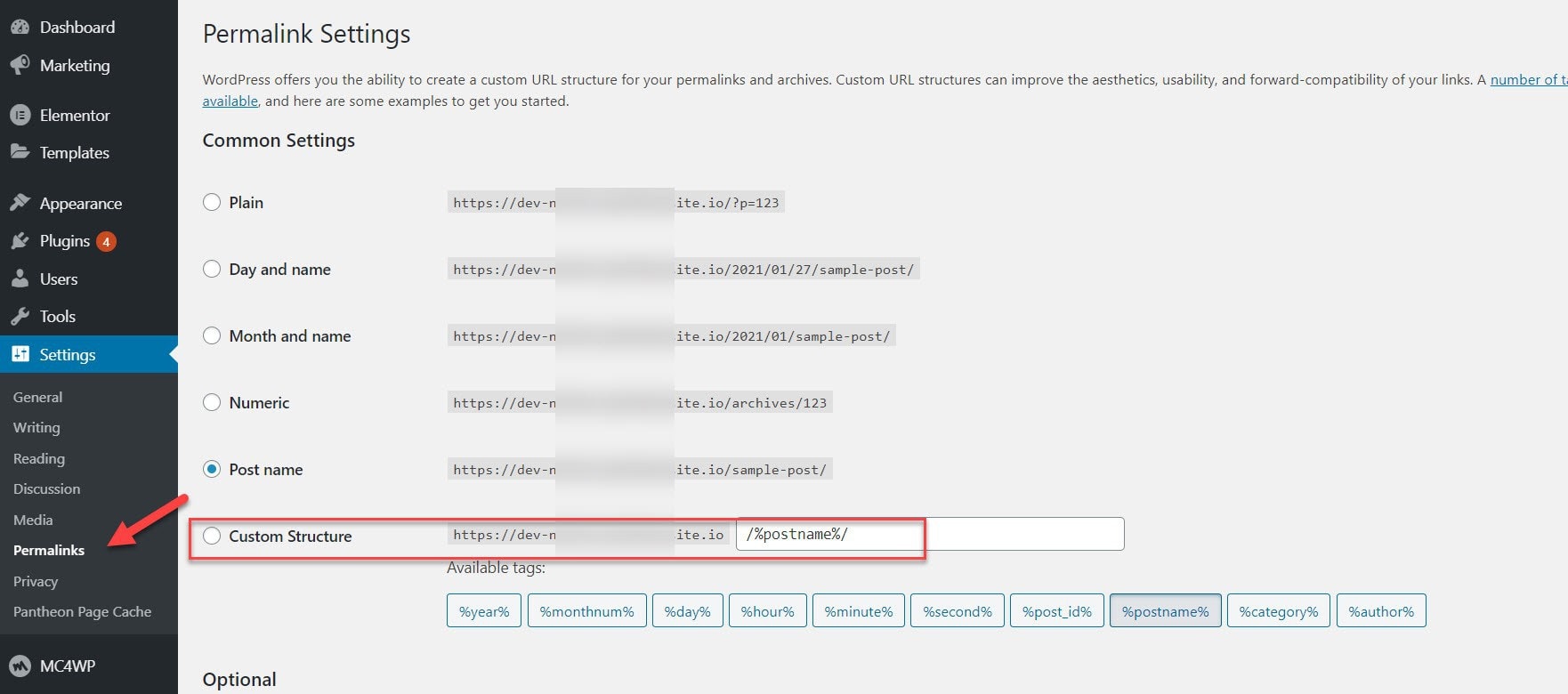 WordPress permalink settings