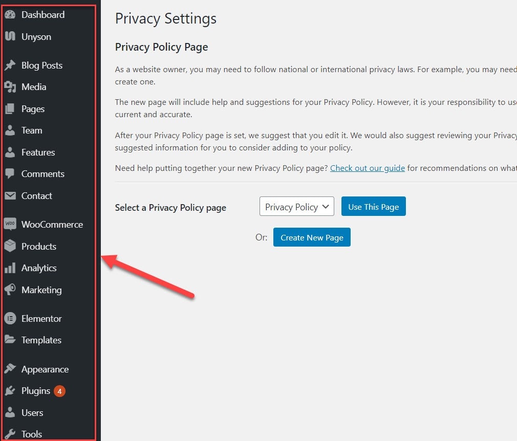 WordPress Privacy Settings page