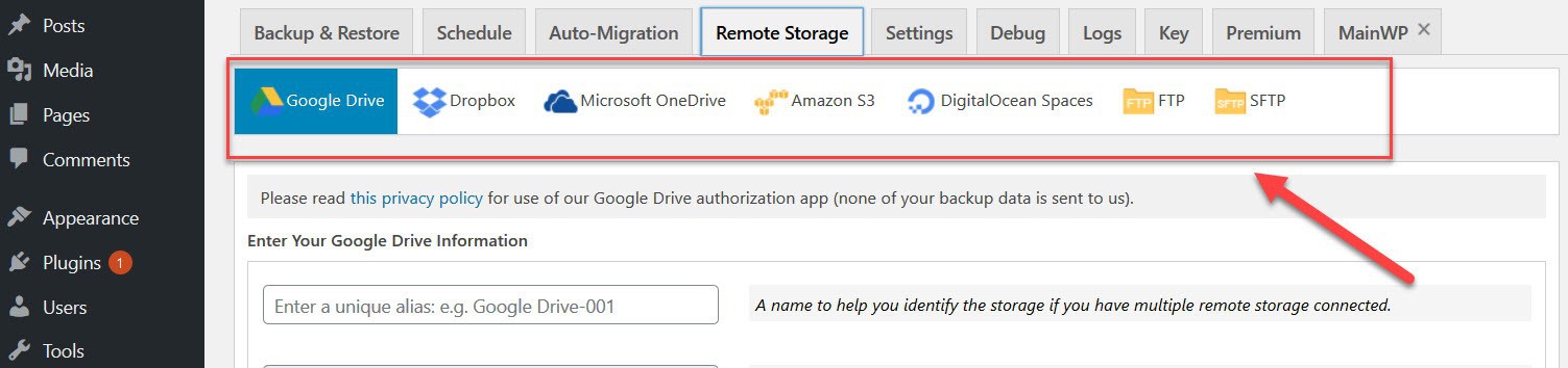 WordPress remote storage tab