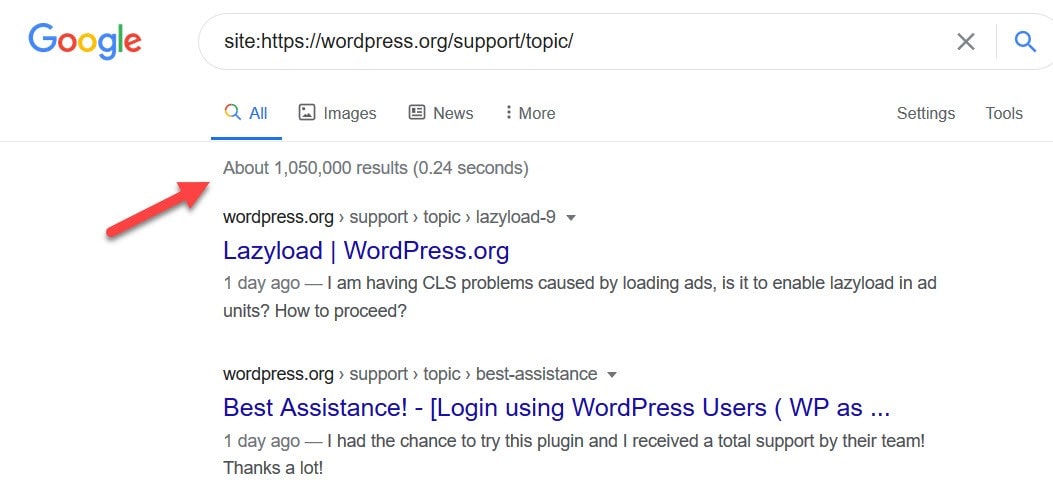 WordPress support section Google search