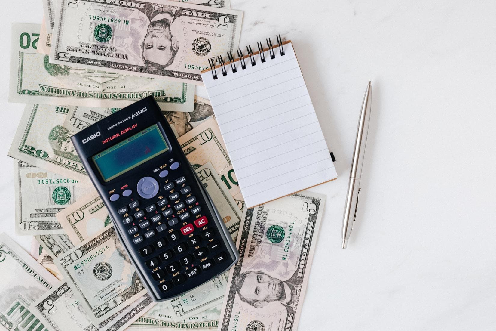 Money notebook and calculator on table