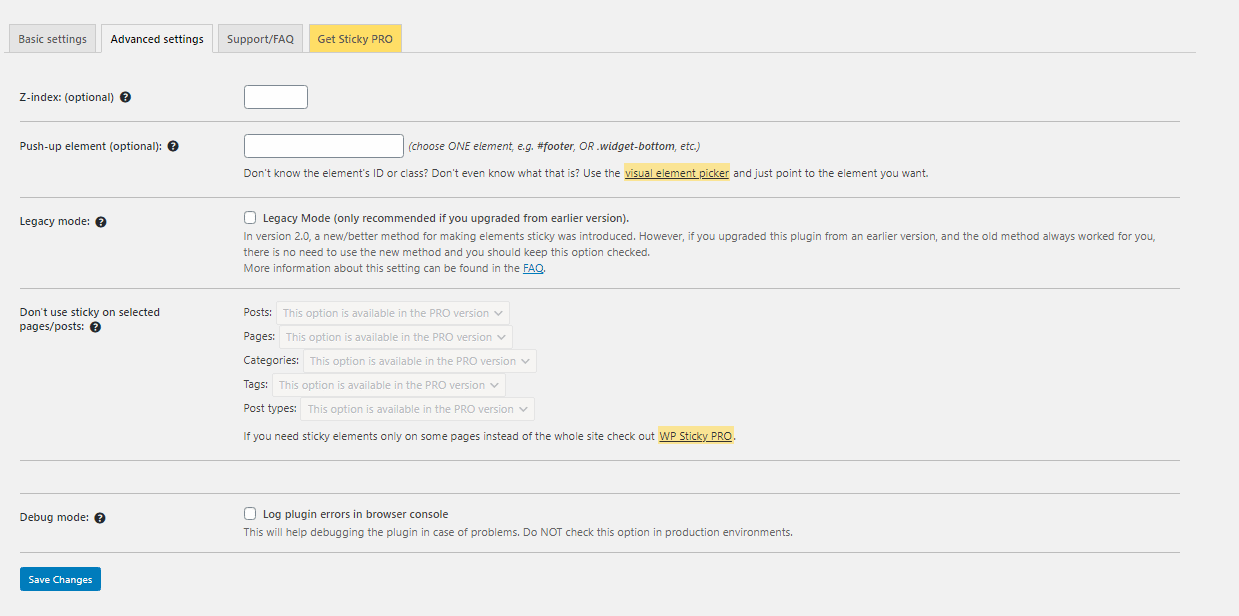 WP Sticky plugin advanced settings