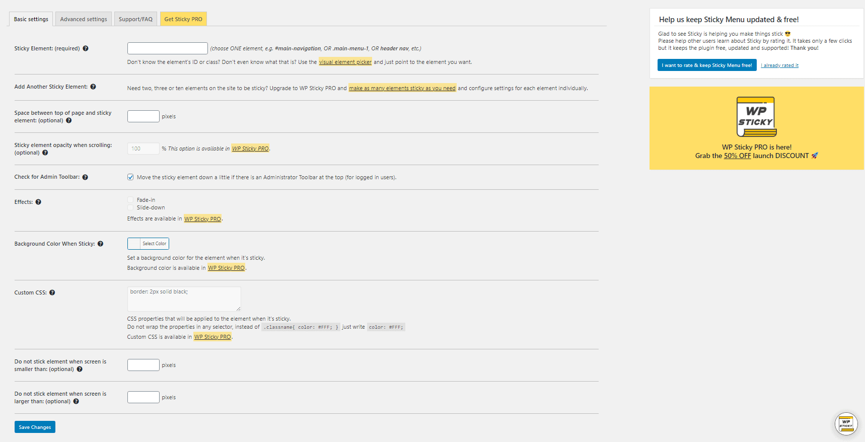 WP Sticky plugin settings