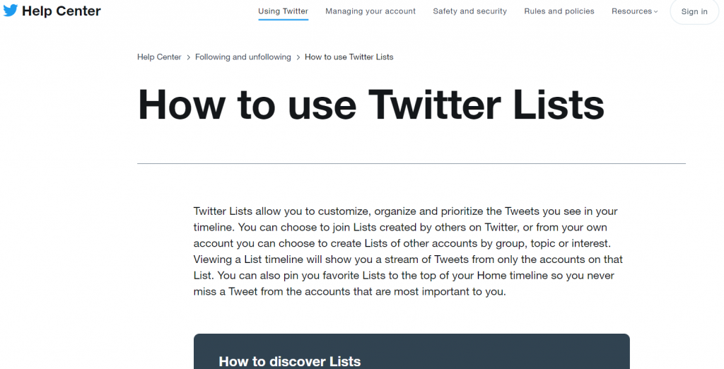 Twitter Lists homepage