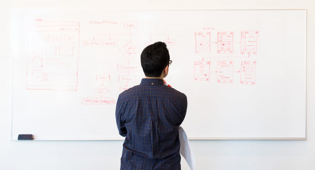 Man wearing blue dress shirt facing whiteboard