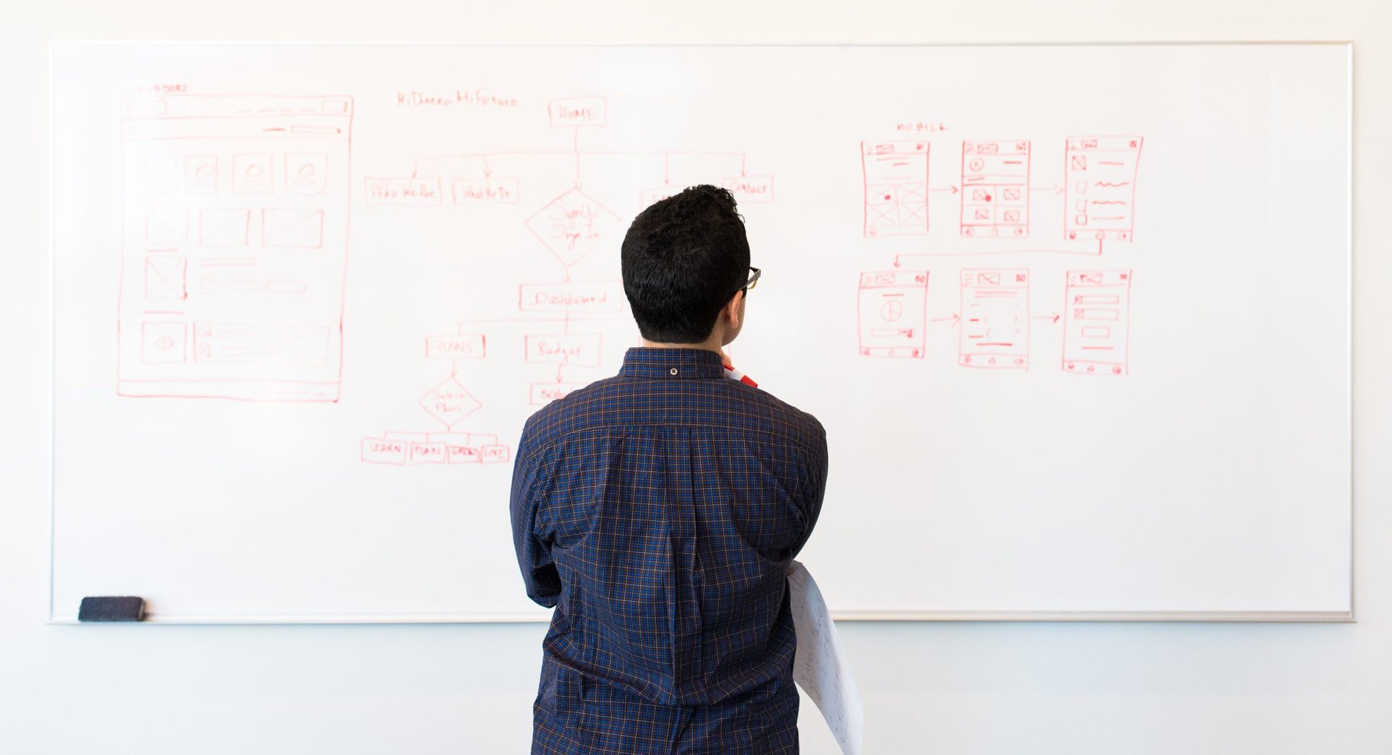 Man wearing blue dress shirt facing whiteboard