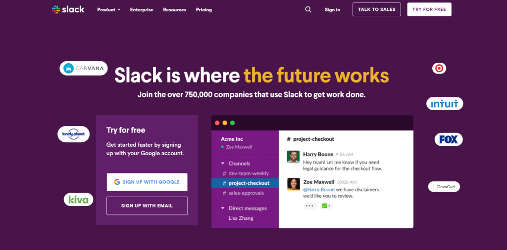 Slack homepage