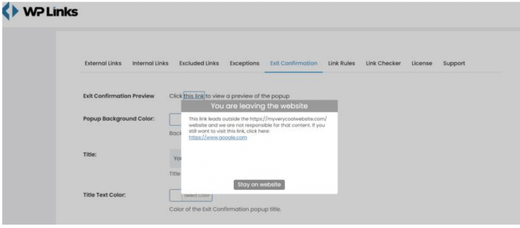 WP Links exit confirmation