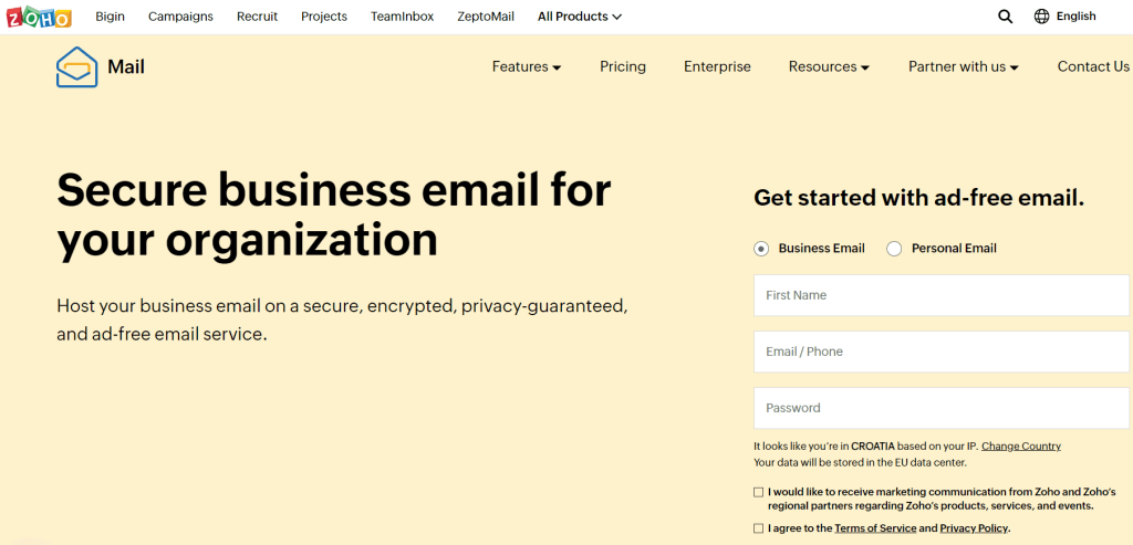 Zoho Email website