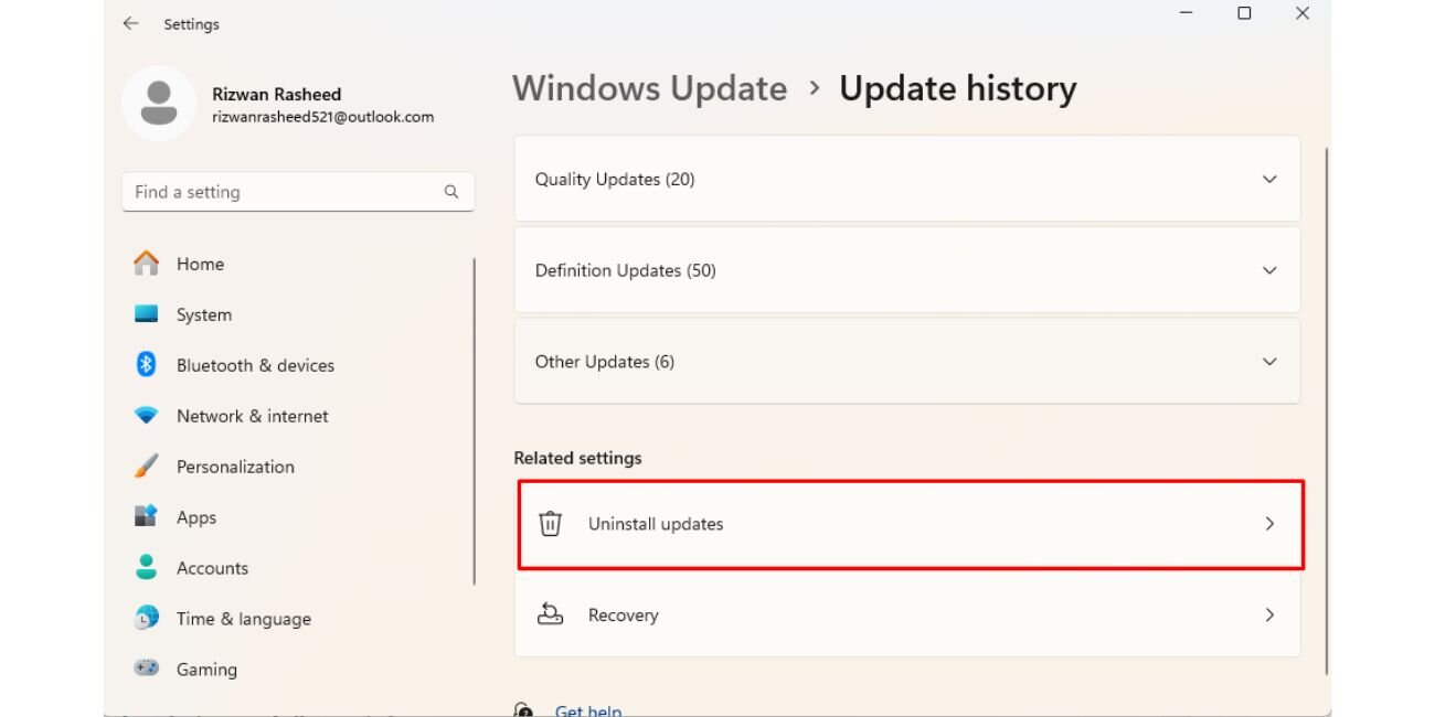 Uninstall Recent Windows Updates