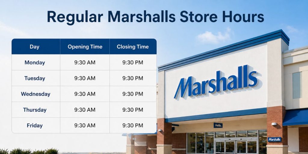 Regular Marshalls store hours infographic showing weekday opening and closing times with store exterior in background