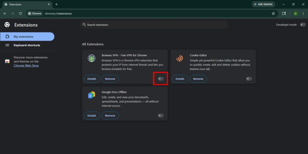 Disable Browser Extensions