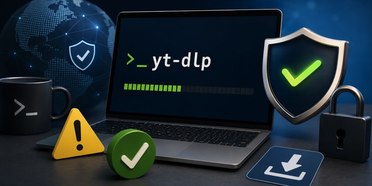 yt-dlp safety concept showing a laptop terminal with shield, lock, warning, and download icons