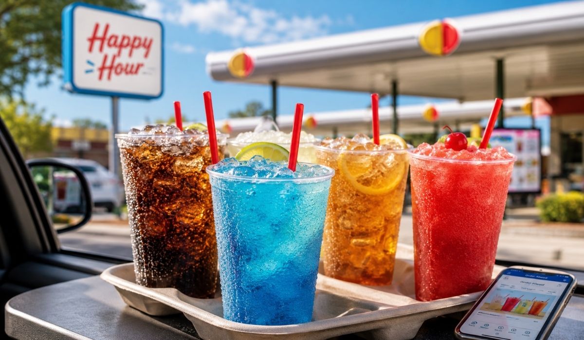 Sonic Happy Hour drinks and slushes on a tray with app ordering shown beside them