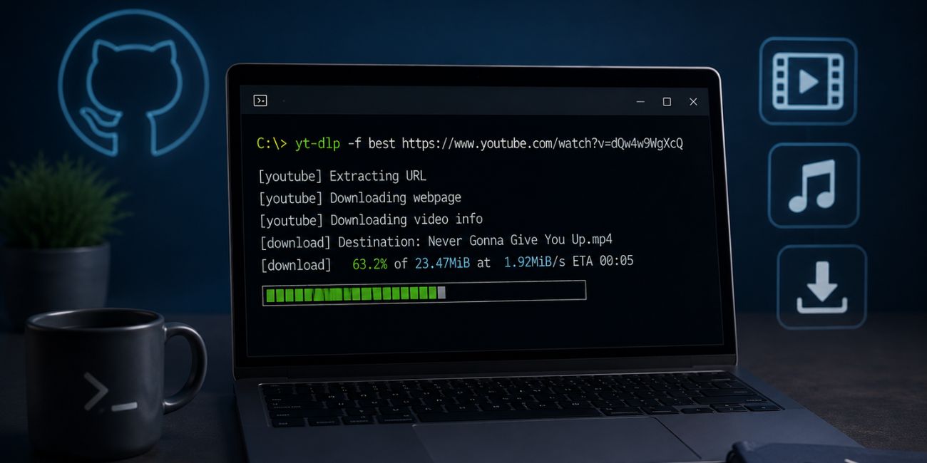 yt-dlp command-line video downloader running on a laptop with download progress and media icons