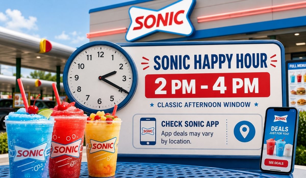 Sonic Happy Hour time sign showing 2 PM to 4 PM with drinks, clock, and Sonic app deal reminder